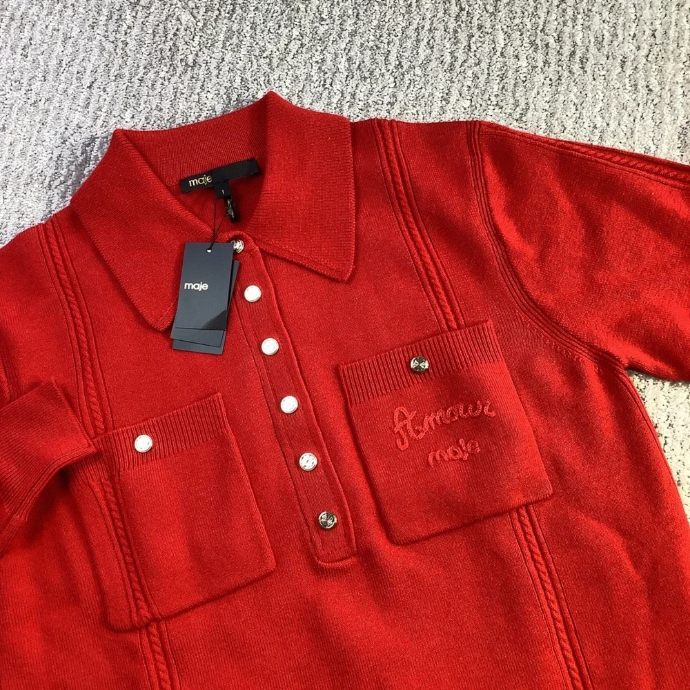 Maje Mizoly Red‎ Wool Blend Embroidered Polo Sweater Gold Buttons Size 1 NWT